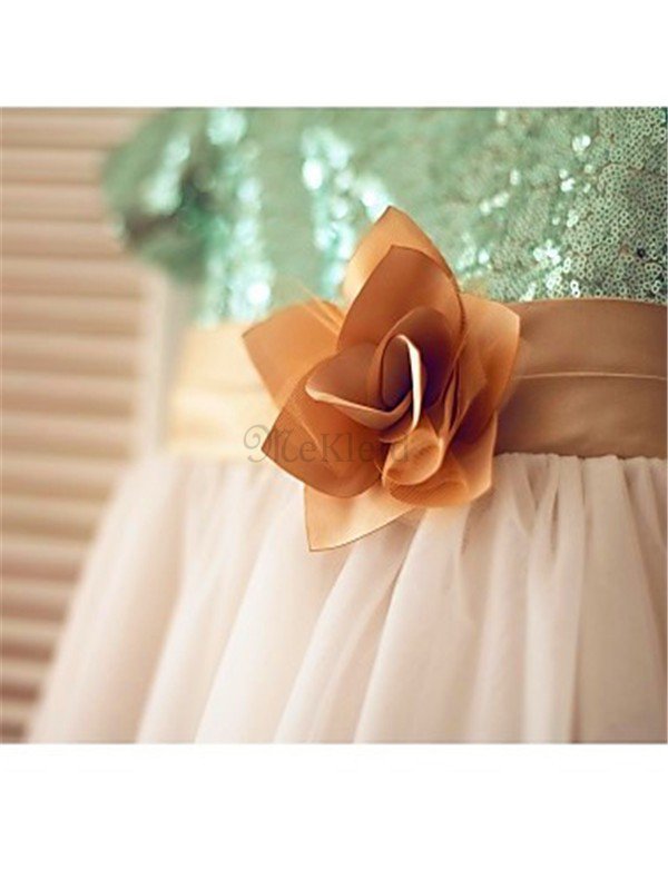 Tüll Paillette Reißverschluss Empire Taille Blumenmädchenkleid mit Blume