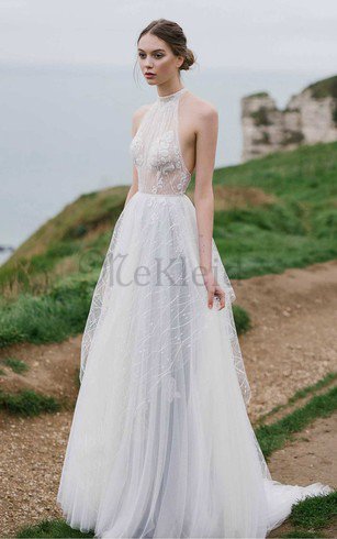 Beach Stil A-Line Hoher Ausschnitt Brautkleid mit Applike mit Perlen