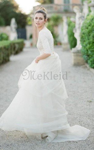 Spitze A-Line Plissiertes Brautkleid mit Reißverschluss mit Schaufel Ausschnitt