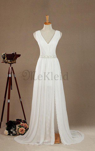 A-Line Ärmellos V-Ausschnitt Sittsames Brautkleid mit Bordüre