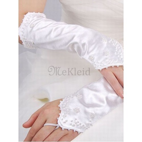 Taft Perlenstickerei Modern Weiß Chic Brauthandschuhe