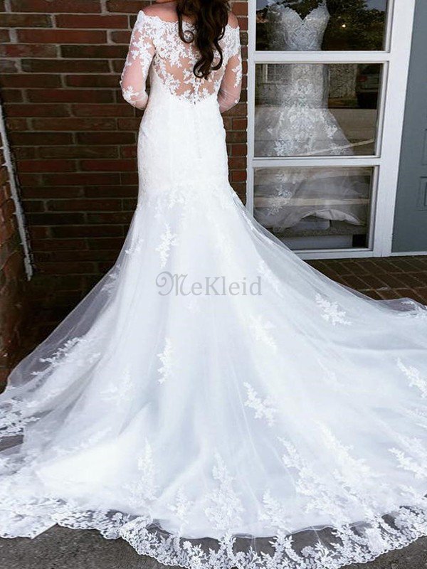 Schulterfrei Meerjungfrau Atemberaubend Langärmeliges Brautkleid aus Tüll mit Applike