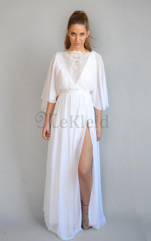 A-Line Zeitloses Gekerbter Ausschnitt Brautkleid mit Gürtel mit Vorne Schlitz