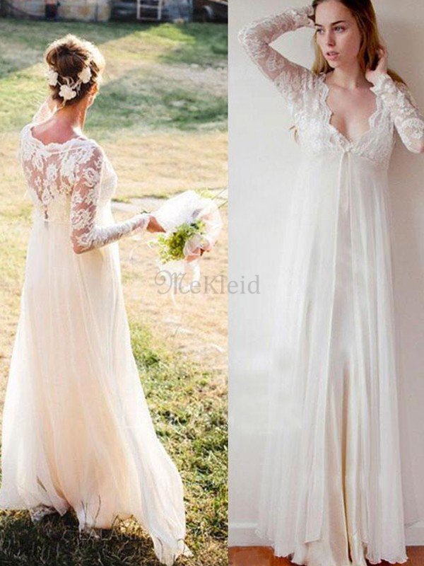Lange Ärmeln Charme Chiffon Bodenlanges Brautkleid mit hoher Tailler mit Bordüre