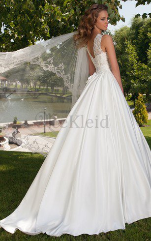 Juwel Ausschnitt Luxus Bodenlanges Brautkleid aus Satin mit Rücken Schnürung