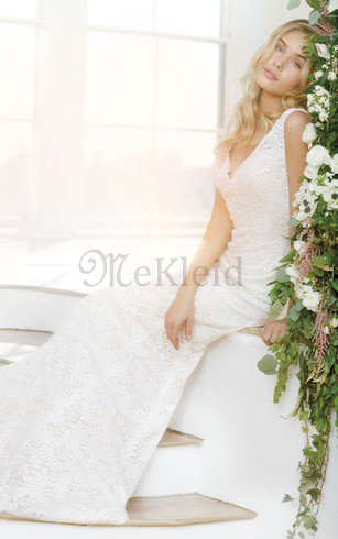 Ärmellos V-Ausschnitt Bodenlanges Luxus Brautkleid mit Tiefem V-Ausschnitt