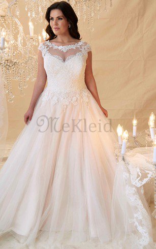 Tüll Schaufel-Ausschnitt Luxus Brautkleid mit Applike mit Schlüsselloch Rücken