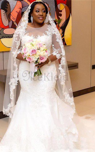 Plissiertes Romantisches Elegantes Konservatives Brautkleid mit Juwel Ausschnitt
