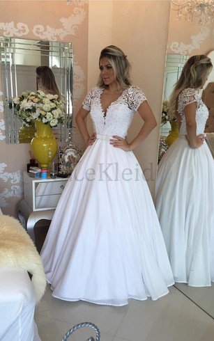 A-Line Kurze Ärmeln Bodenlanges Brautkleid mit Perlen mit Applike