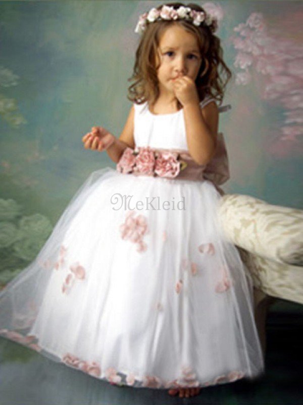 Schaufel-Ausschnitt Prinzessin Tüll Bodenlanges Blumenmädchenkleid mit Blume