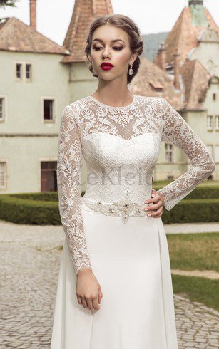 Etui Juwel Ausschnitt Langärmeliges Brautkleid aus Spitze mit Rücken Schnürung