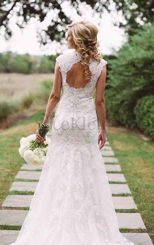Schlüsselloch Rücken Spitze Schick Brautkleid mit Applike mit Gekappten Ärmeln