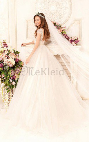 Tüll Schaufel-Ausschnitt Duchesse-Linie Bodenlanges Brautkleid mit Gekappten Ärmeln