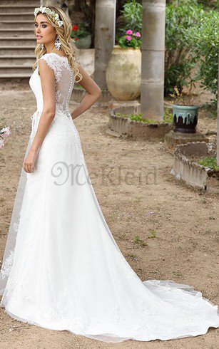 V-Ausschnitt Kurze Ärmeln Luxus Brautkleid mit Bordüre mit Schleife