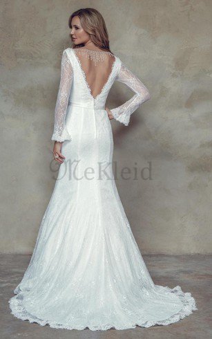 Spitze V-Ausschnitt Lange Ärmeln Sittsames Brautkleid mit Bordüre
