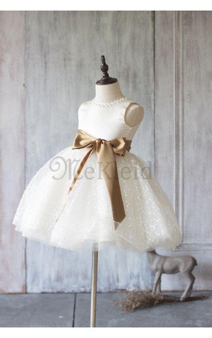 A-Line Juwel Ausschnitt Plissiertes Blumenmädchenkleid mit Schleife aus Tüll