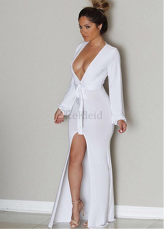 Kleid V-Ausschnitt Vorderseite Weiß Jersey Maxi Club Kleider