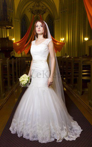 Meerjungfrau Stil Luxus Brautkleid mit Gekappten Ärmeln mit Rüschen