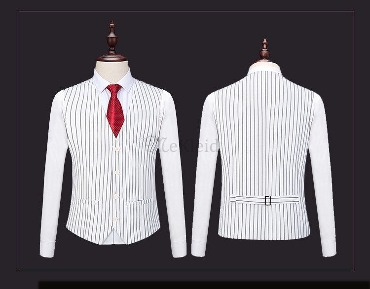 Weiß 3 Stück Striped Print Anzug Business Herren Anzüge Blazer Bräutigam Smoking Anzug