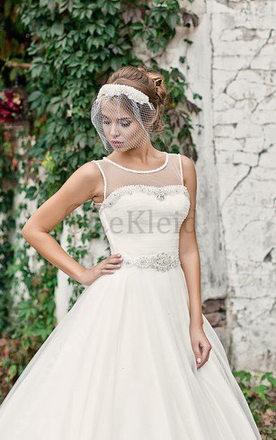 Schaufel-Ausschnitt Ärmellos Perlenbesetztes Bodenlanges Sittsames Brautkleid