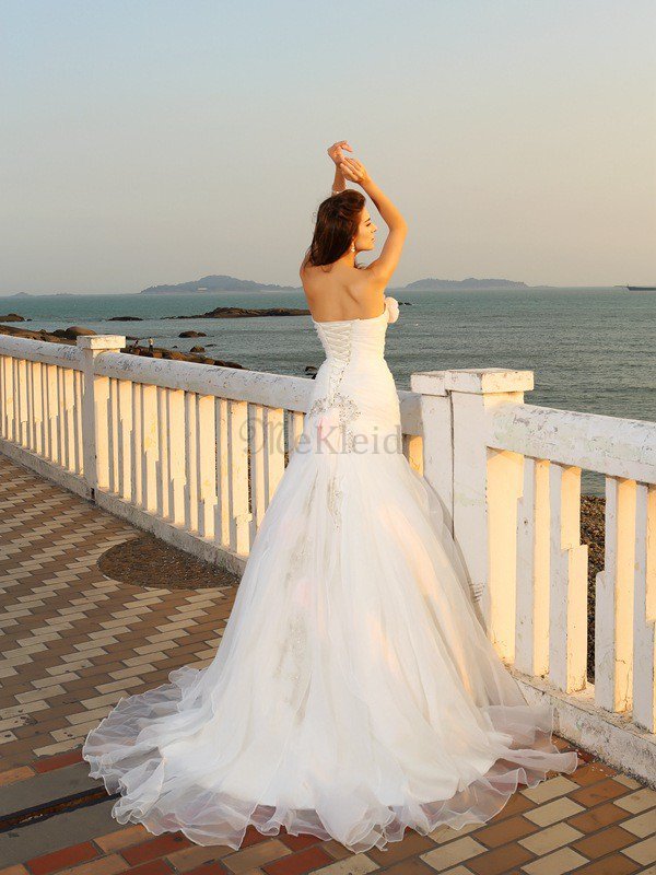 Satin Seeküste Sittsames Brautkleid mit Blume mit Rücken Schnürung