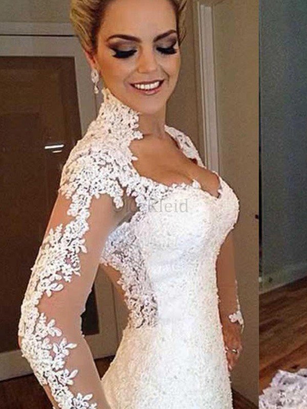 Normale Taille V-Ausschnitt Meerjungfrau Auffallend Brautkleid mit Applike mit Bordüre