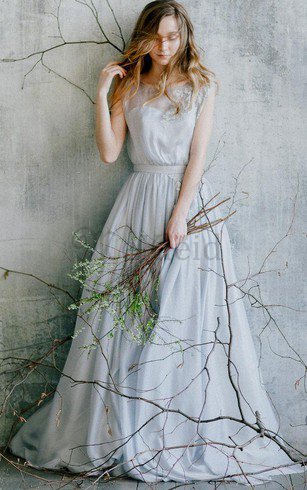A-Line Schaufel-Ausschnitt Plissiertes Brautjungfernkleid mit Bordüre mit Blume