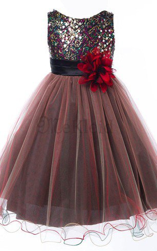 A-Line Schaufel-Ausschnitt Wadenlanges Blumenmädchenkleid mit Empire Taille mit Blume