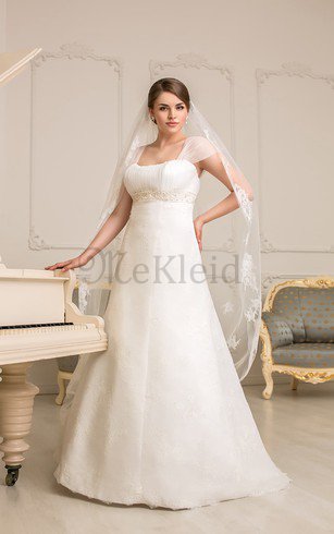 Empire Taille Gerüschtes Bodenlanges Brautkleid mit Bordüre mit Gekappten Ärmeln