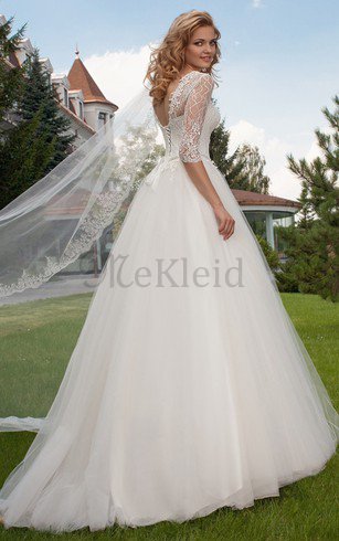 Duchesse-Linie Halbe Ärmeln Romantisches Brautkleid aus Spitze mit Rücken Schnürung