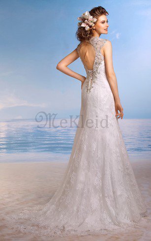 Spitze A-Line Natürliche Taile Sittsames Brautkleid mit Perlen