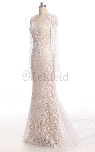 Gericht Schleppe V-Ausschnitt Romantisches Luxus Brautkleid mit Langen Ärmeln