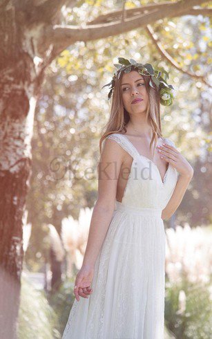 Plissiertes Ärmellos Tiefer V-Ausschnitt Brautkleid mit Bordüre aus Spitze