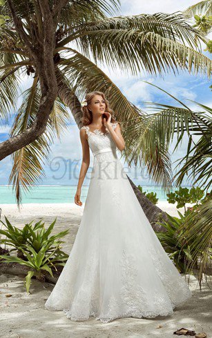 Ärmellos Romantisches Bodenlanges Brautkleid mit Rücken Schnürung mit Schleife