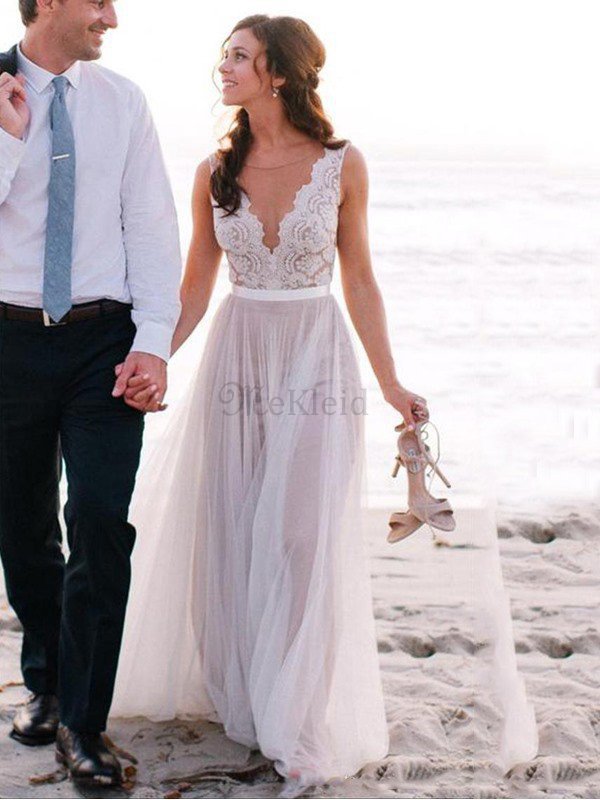 A-Line Ärmellos Bodenlanges Brautkleid mit Schaufel Ausschnitt aus Tüll