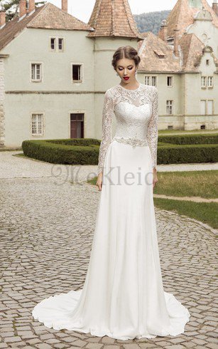 Etui Juwel Ausschnitt Langärmeliges Brautkleid aus Spitze mit Rücken Schnürung